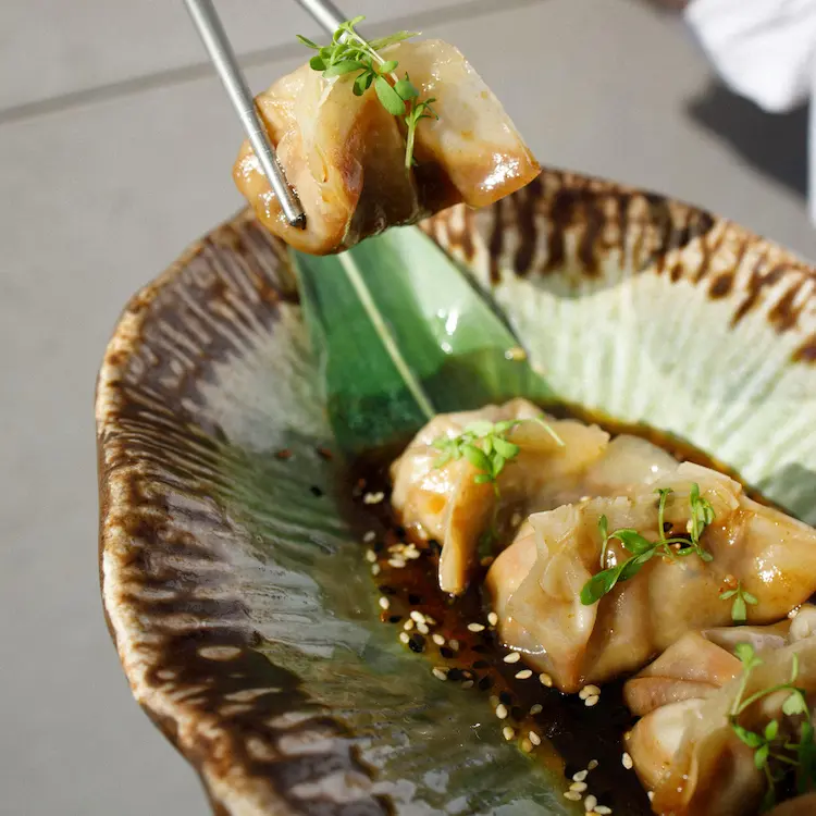 Silver chopsticks hold a pork gyoza over a ceramic dish with three pork gyozas sitting in soya sauce garnished with fresh green herbs and sesame seeds.