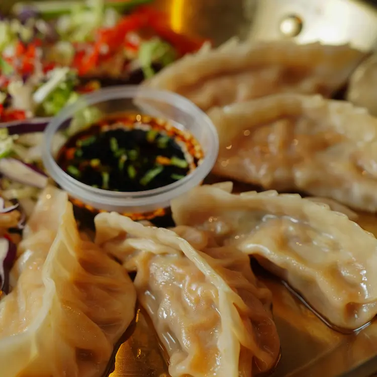 Five pork gyozas fanned on a plate with garnish on the opposite side and dark sauce in the middle.