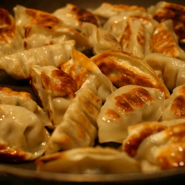 Up close view of several crispy golden brown pork gyozas glistening in oil.