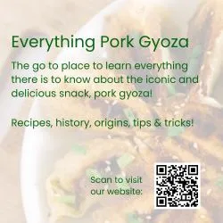 Square banner featuring an image of pork gyoza with text describing the website Everything About Pork Gyoza
